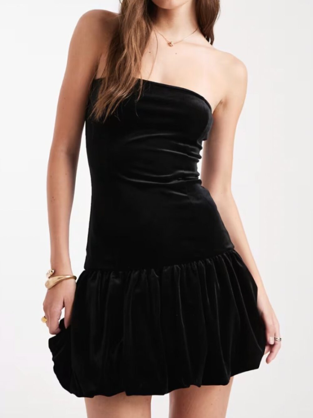 ASOS Miss Selfridge Strapless Velvet Bubble Hem Mini Dress in Black Size 12 NWT